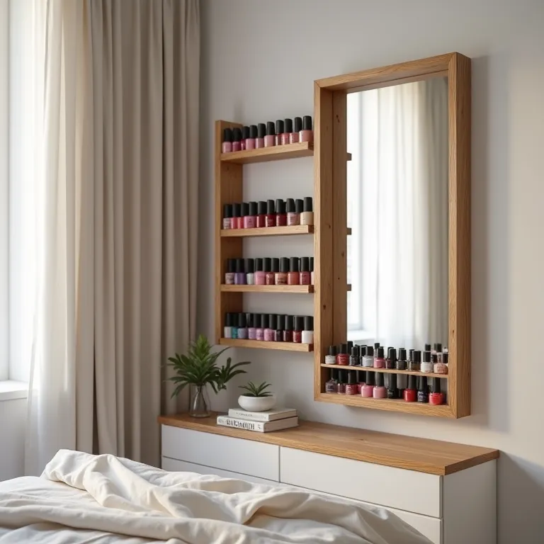 Esmaltes organizados no espelho do quarto.