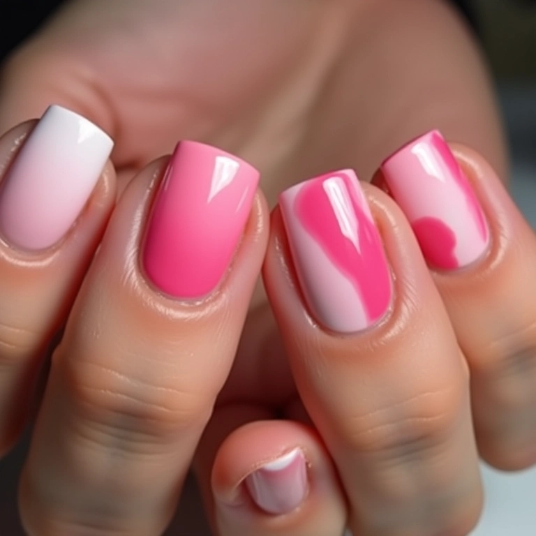 Esmaltes tom sobre tom em tons de rosa.