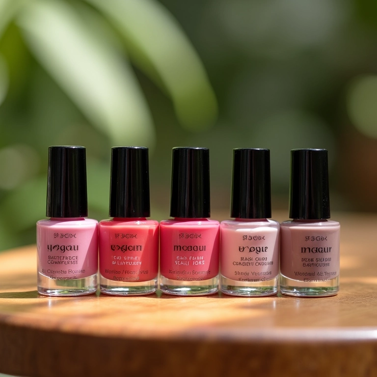 Esmaltes veganos e cruelty-free exibidos em mesa de madeira com artesanato brasileiro.