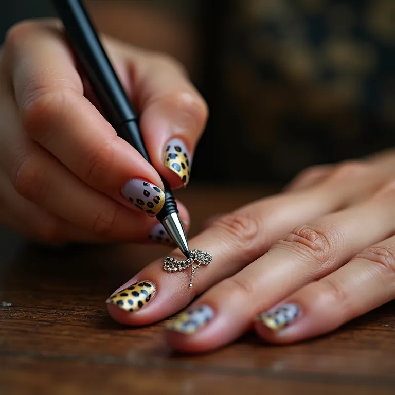 Especialista aplicando design de onça em unhas com cores vibrantes.