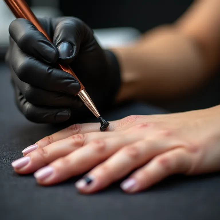 Especialista aplicando esmalte preto em unhas bem cuidadas.
