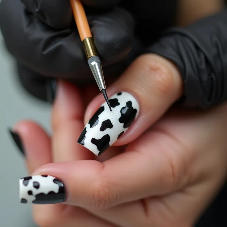 Especialista aplicando estampa de vaca nas unhas.
