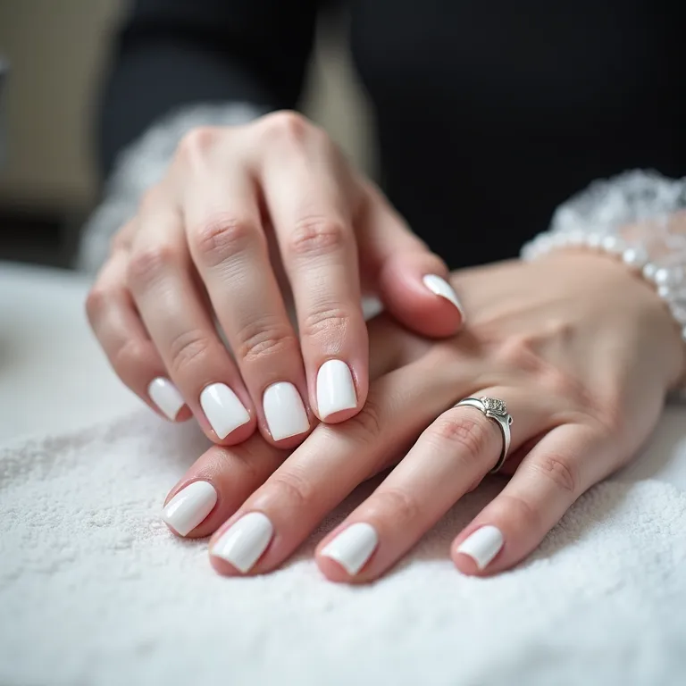 Especialista demonstrando a aplicação de unhas de gel brancas.