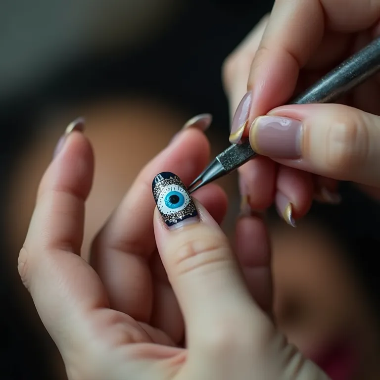 Especialista em unhas decorando com olho grego.