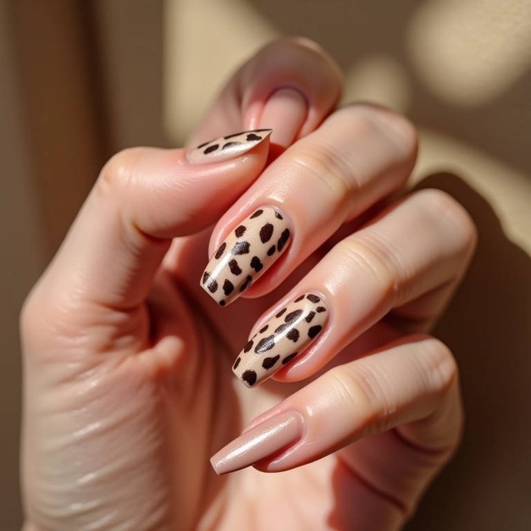 Estampa animal discreta na nail art nude.