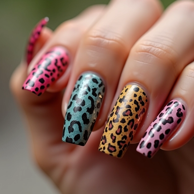 Estampa animal print com cores inusitadas nas unhas.