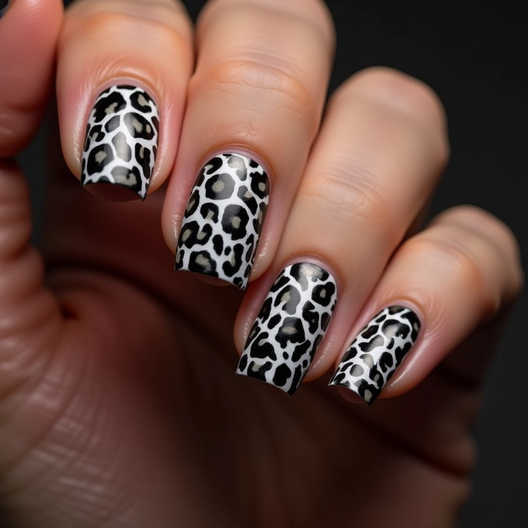 Estampa animal print em preto e branco nas unhas.