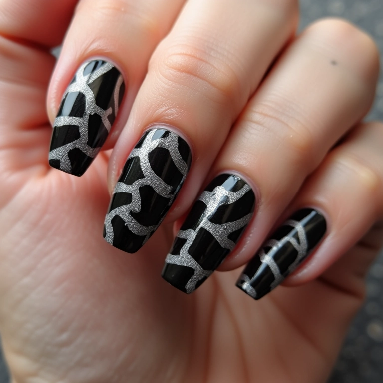 Estampa animal print em preto nas unhas.