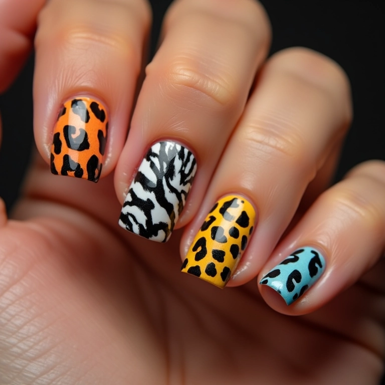 Estampa de animal print divertida em unhas quadradas curtas.