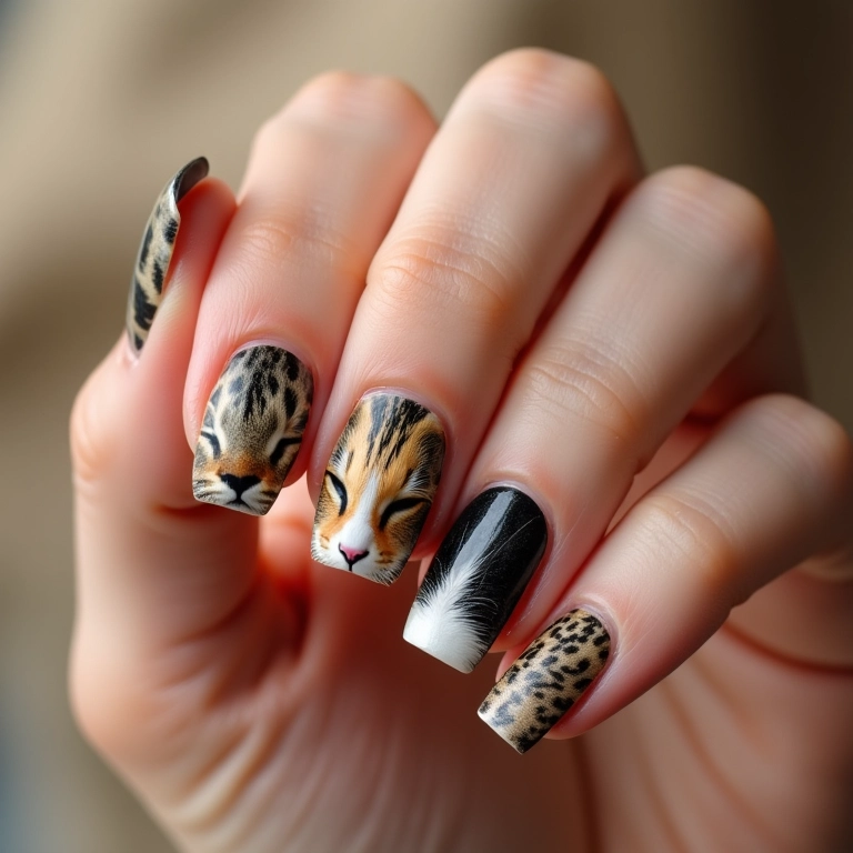 Estampa de pelagem felina em unhas.
