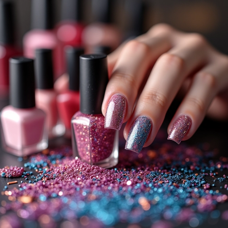 Estúdio de nail art vibrante com profissionais diversos e esmaltes holográficos, representando o tema 'Mundo dos Esmaltes'.