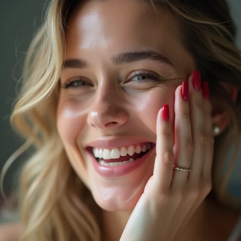 Expressão de felicidade com esmalte vermelho.