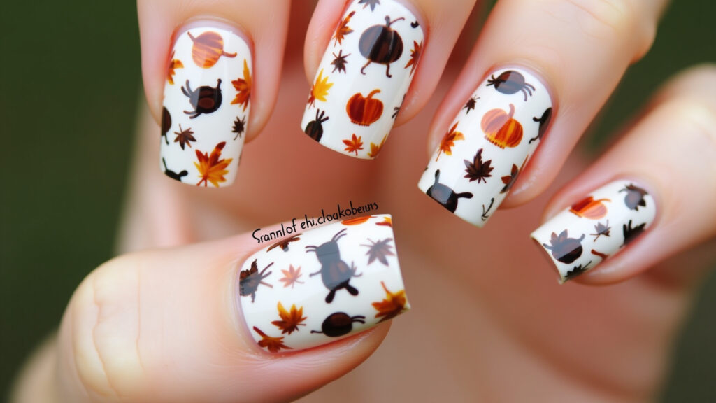Fall nail art: autumn-themed stickers, sharp focus, 8K quality, commercial photography Unhas decoradas outono adesivos