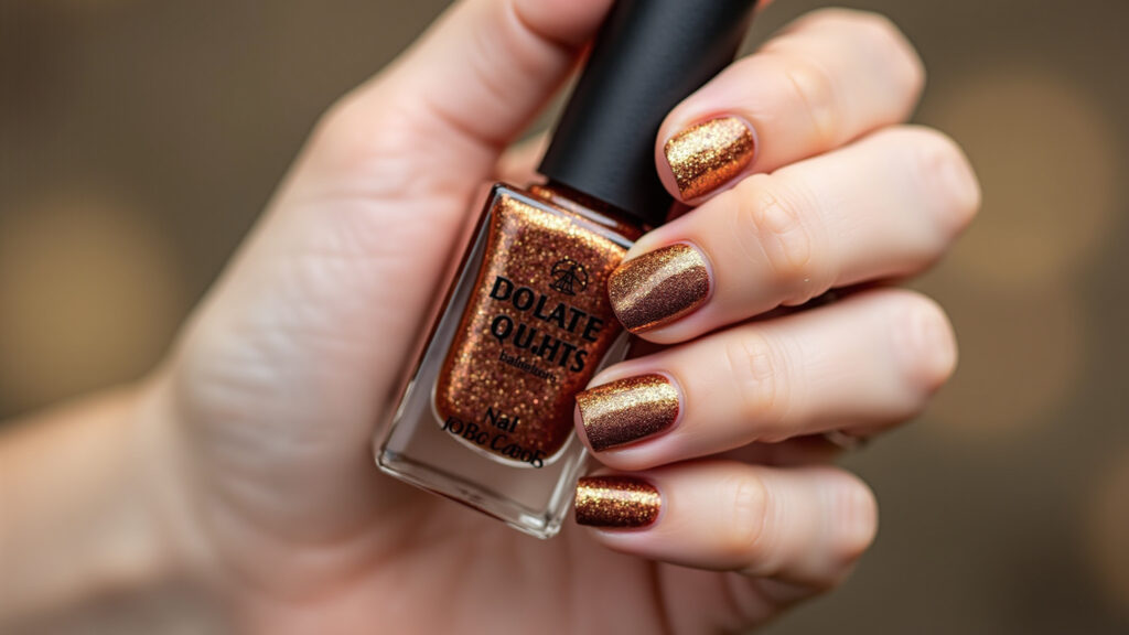 Fall nail art: gold glitter, sharp focus, 8K quality, lifestyle photography Unhas decoradas outono glitter dourado