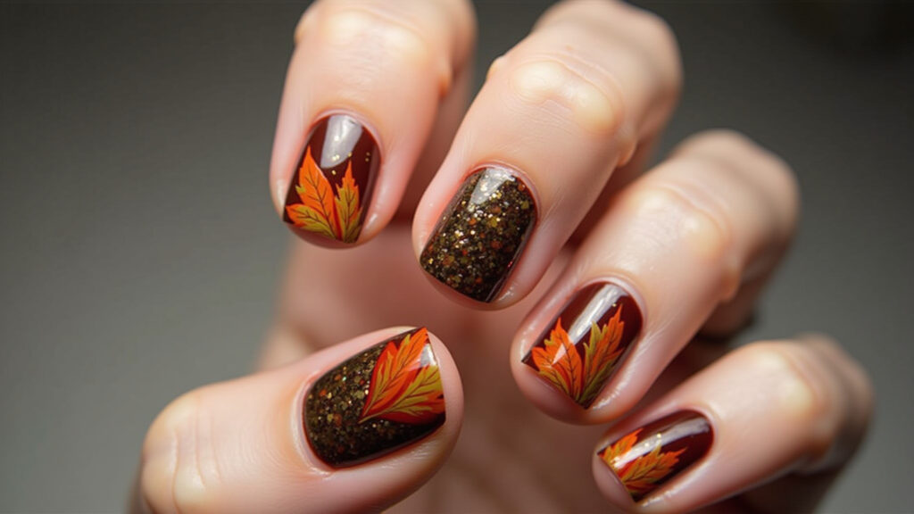 Fall nail art: leaf design, warm colors, sharp focus, 8K quality, lifestyle photography Unhas decoradas outono desenho folhas