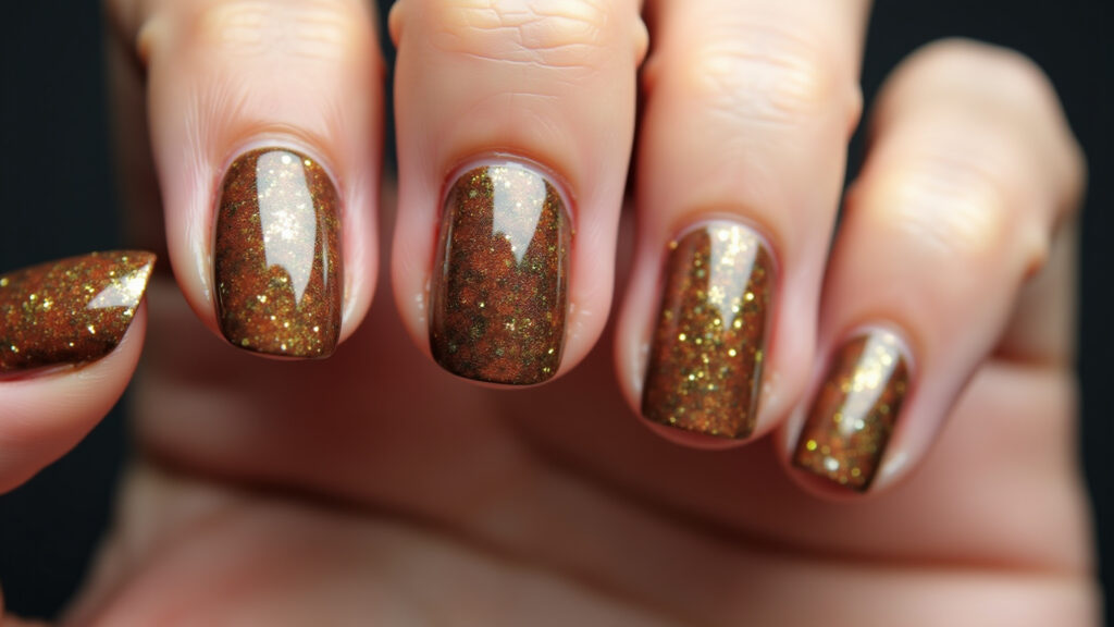 Fall nail art: marbled effect, earth tones, sharp focus, 8K quality, commercial photography Unhas outono efeito marmorizado