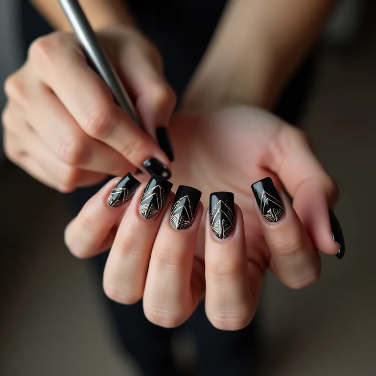 Fazendo desenhos geométricos nas unhas.