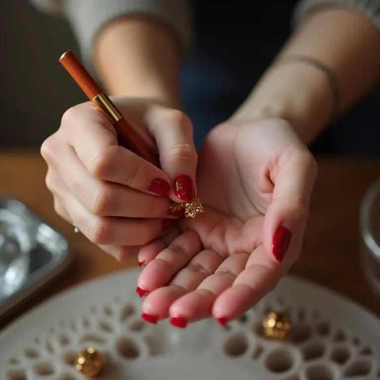 Fazendo unhas vermelhas e douradas em casa.