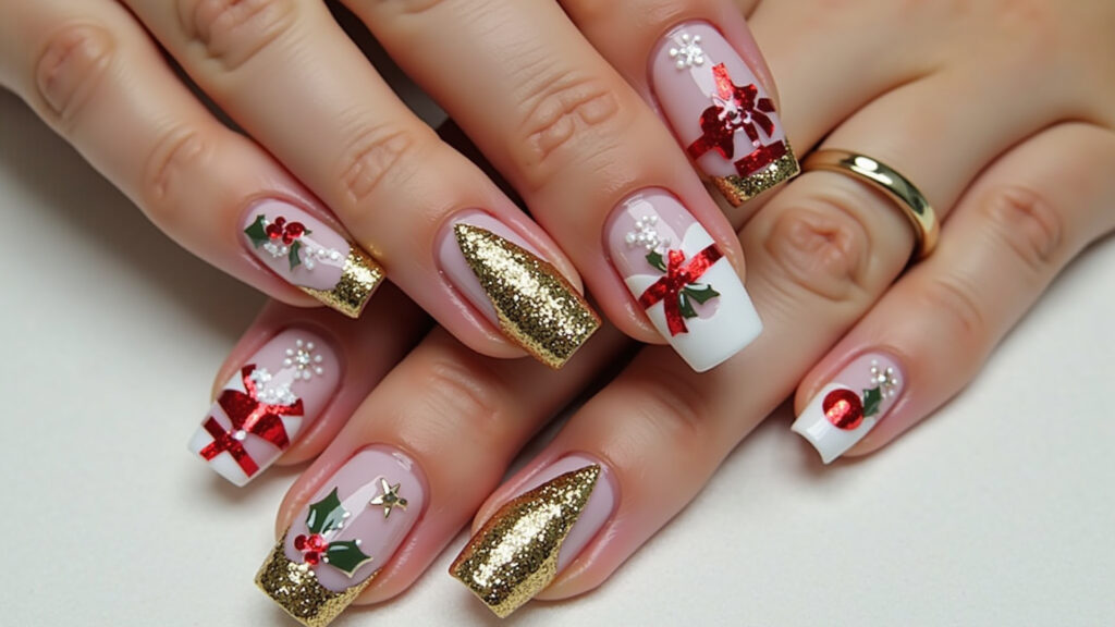 Festive Christmas nails with gold glitter, geometric design. Professional photography, 8K quality, Unhas de Natal com glitter dourado, brilho e alegria.