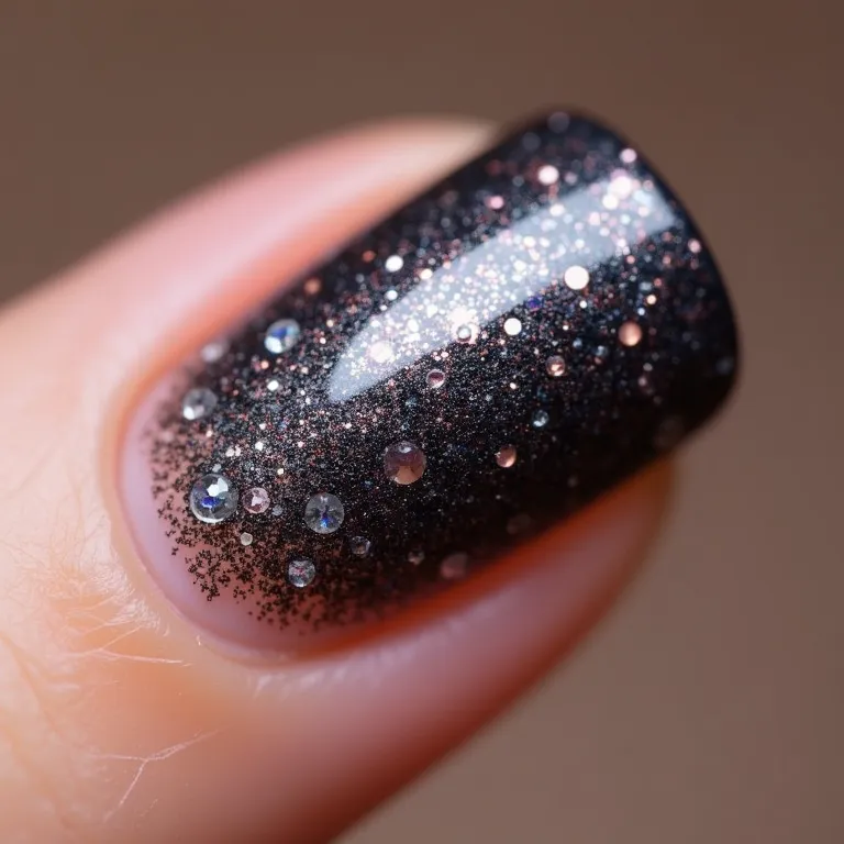 Filha única com aplicações de strass e glitter nas unhas Mandrake.