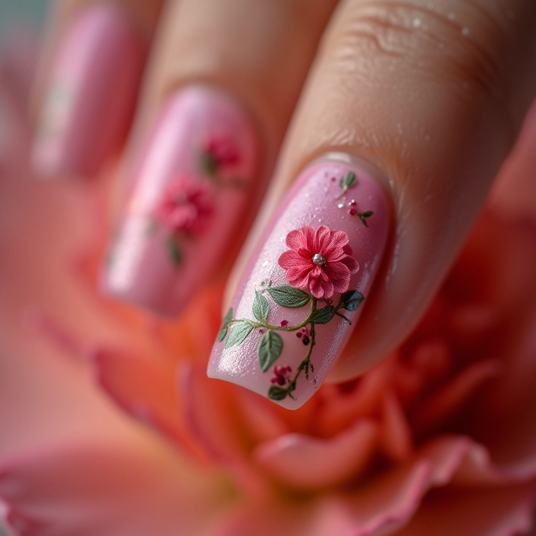 Filha única com aplicações florais delicadas para unhas de debutantes.