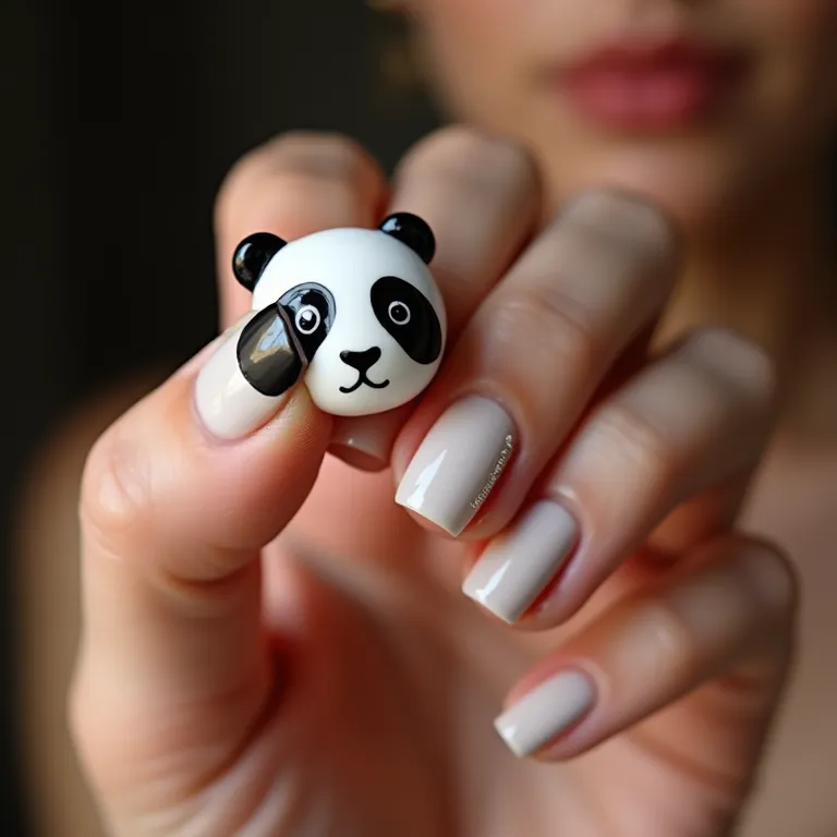 Filha única com desenho de panda, destaque divertido nas unhas.