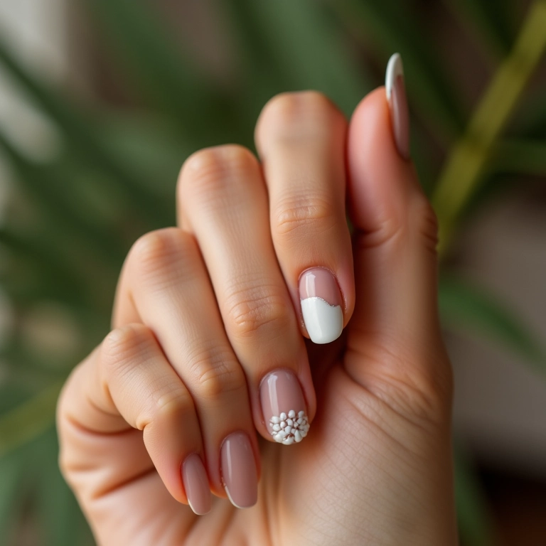 Filha única com detalhe branco em unhas nude.