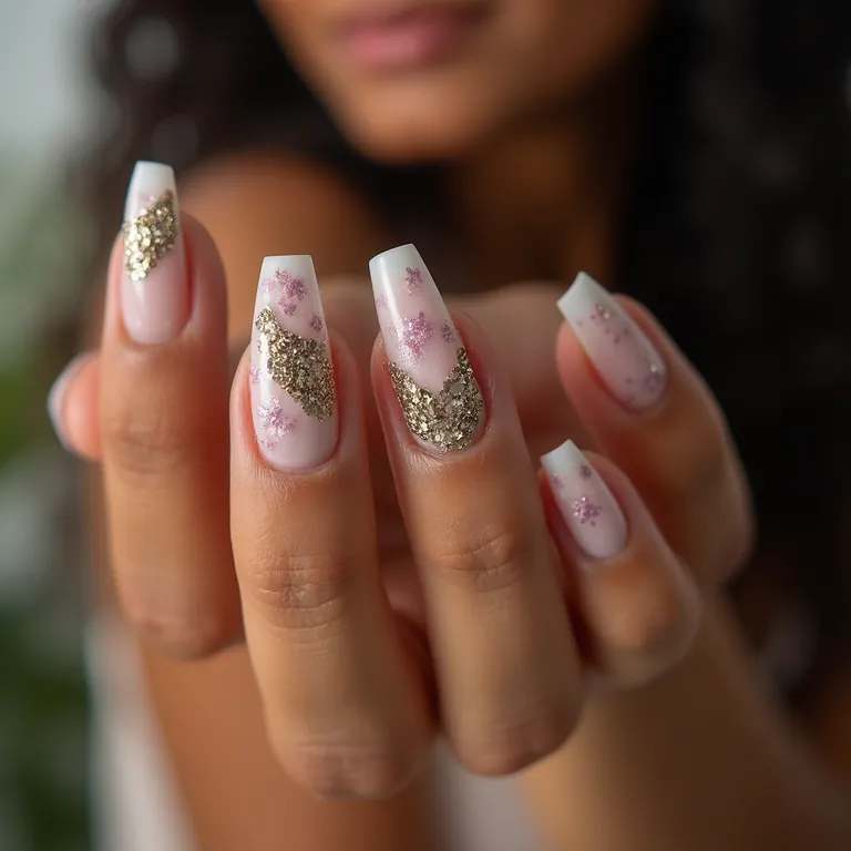 Filha única com glitter e nail art detalhada.