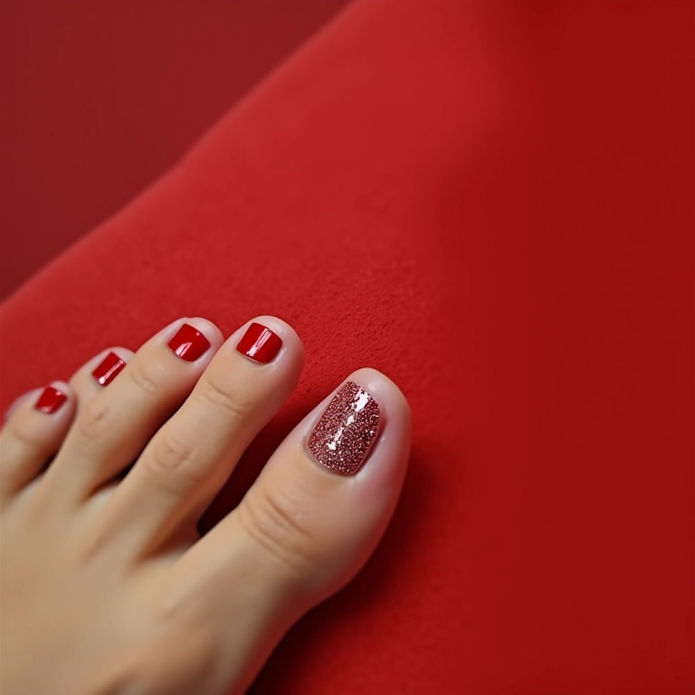 Filha única com glitter em pedicure vermelho.