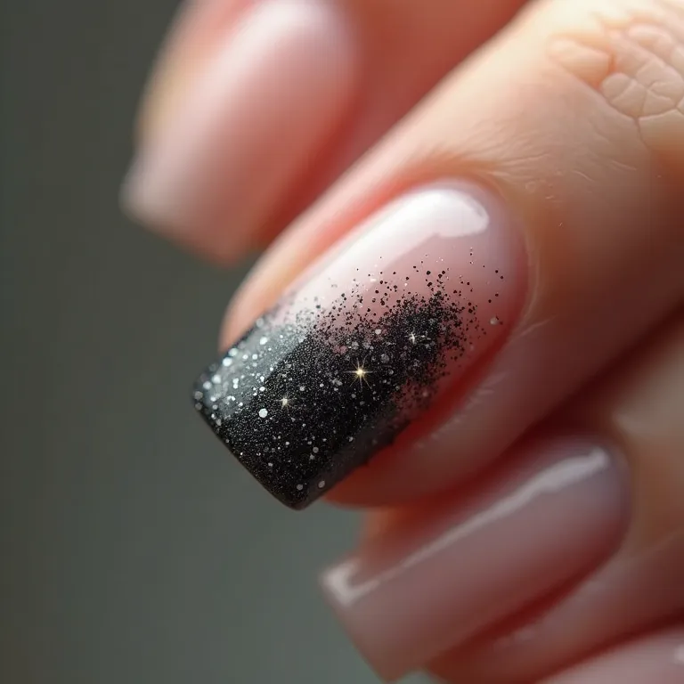 Filha única com glitter em unha quadrada preta.