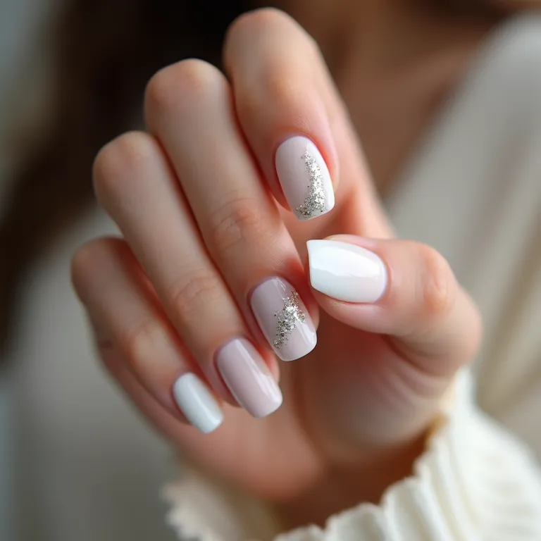 Filha única com glitter em unhas brancas.