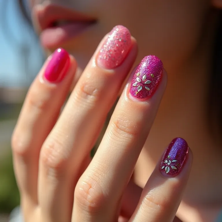 Filha única com glitter em unhas curtas.