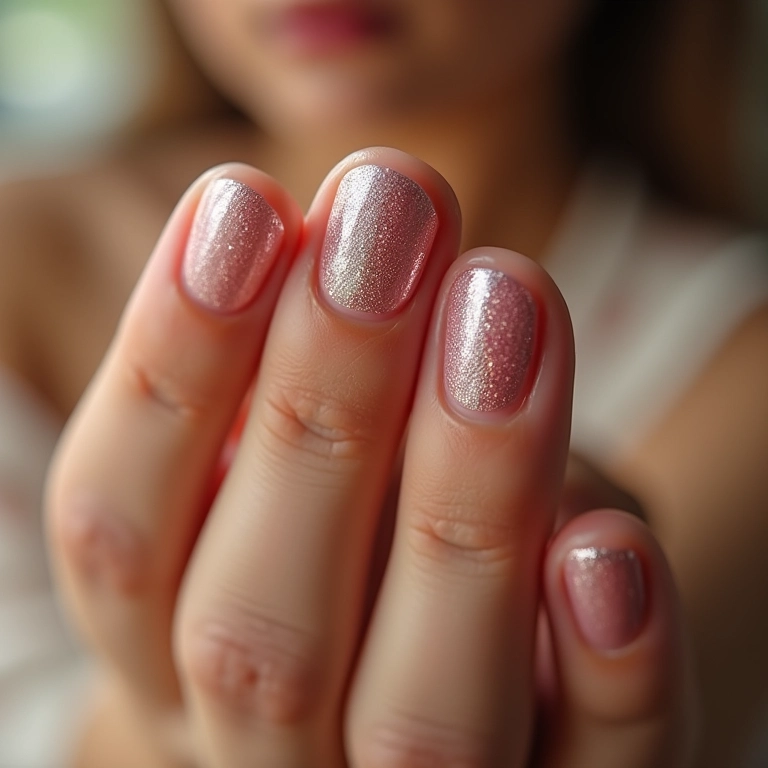 Filha única com glitter em unhas curtas.