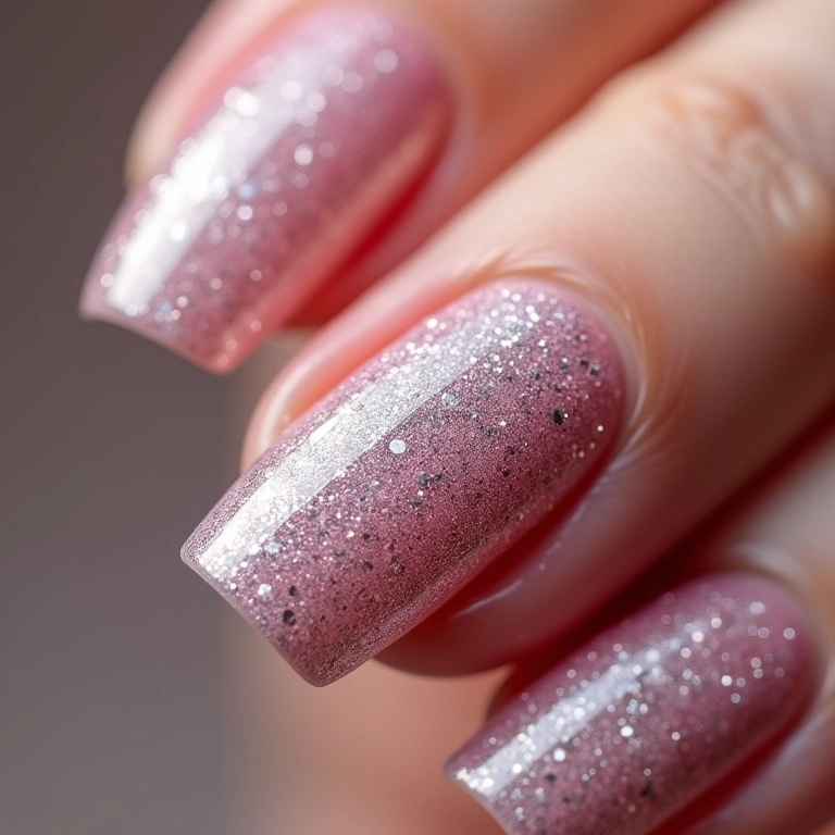 Filha única com glitter em unhas de acrigel.