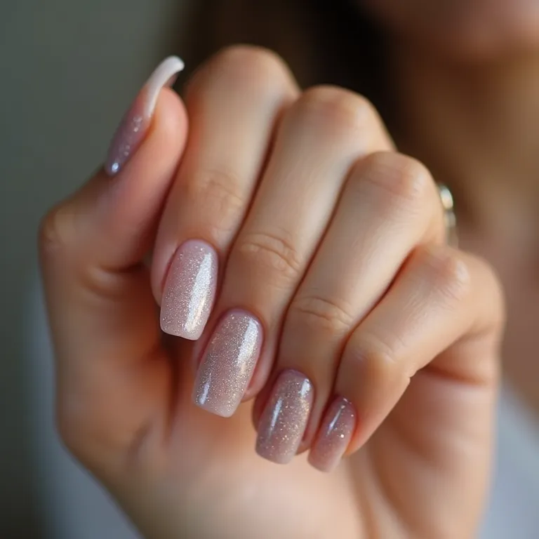 Filha única com glitter em unhas de gel curtas.