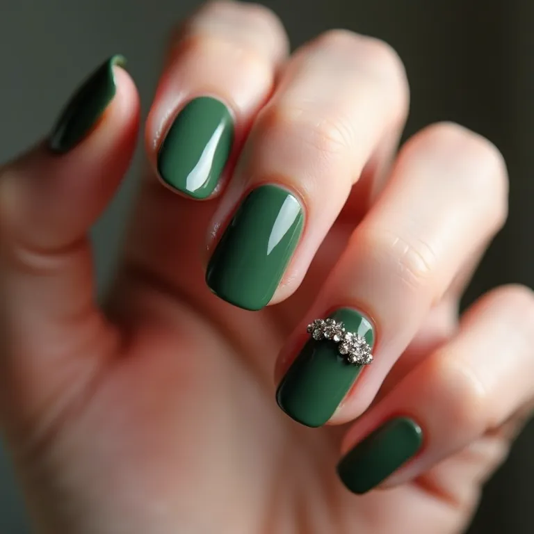 Filha única com glitter em unhas de gel verde militar.