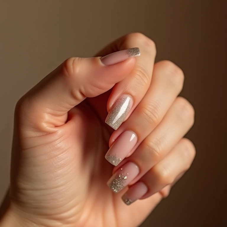 Filha única com glitter em unhas delicadas.
