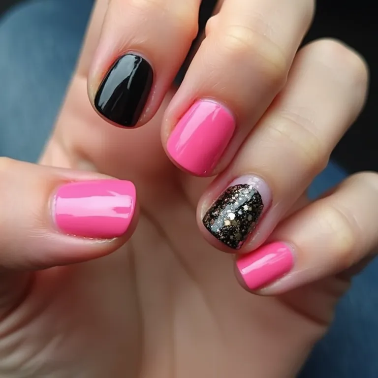 Filha única com glitter em unhas rosa e preto, destaque especial.
