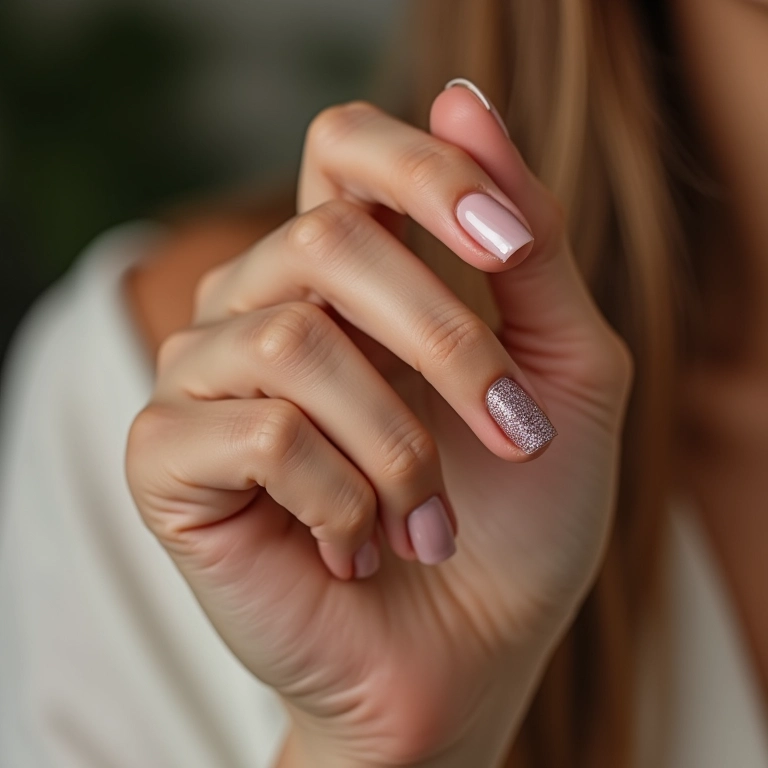 Filha única com glitter em unhas.