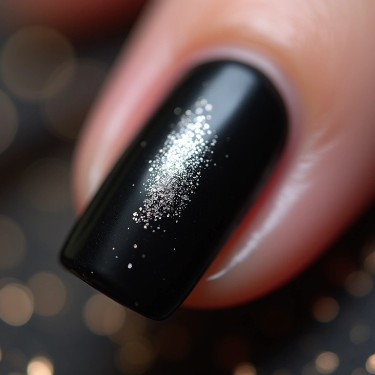 Filha única com glitter prata em unhas pretas.