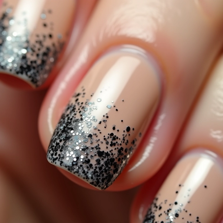 Filha única com glitter preto em unhas bege.