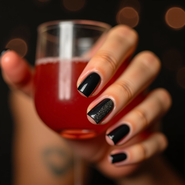 Filha única com glitter preto em unhas nude.