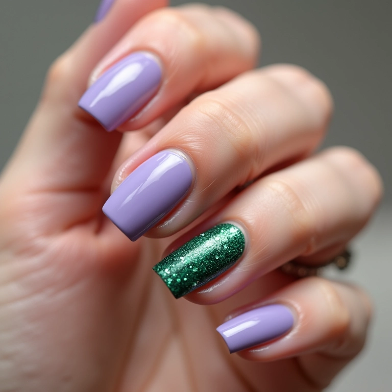 Filha única com glitter verde em unhas lilás.