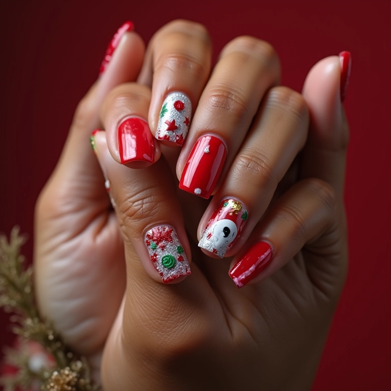 Filha única decorada com tema natalino em unhas de gel.