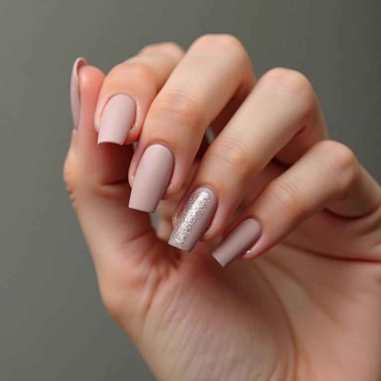 Filha única: uma unha com glitter em meio a unhas com esmalte fosco.