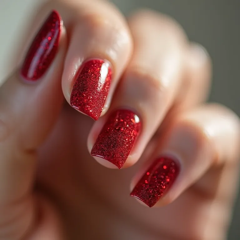 Filha única vermelha com glitter: glamour nas unhas.