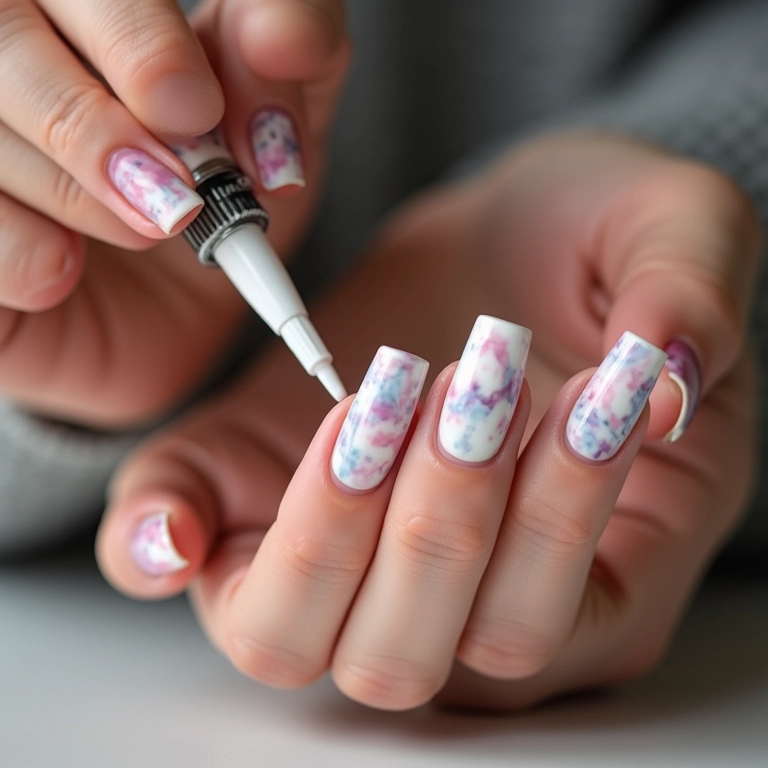 Finalização com top coat para proteger e dar brilho às unhas marmorizadas.