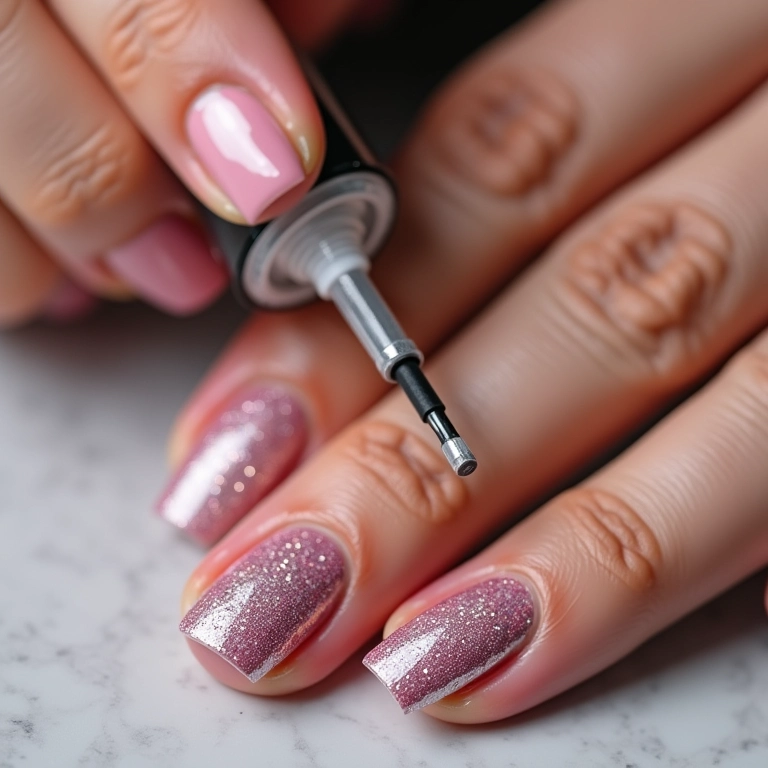 Finalizando unhas com glitter com top coat.
