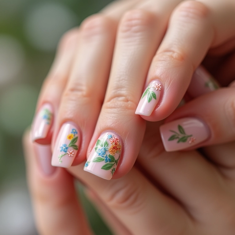 Floral delicado em unhas quadradas curtas.