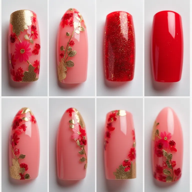 Formatos de unha que valorizam o vermelho e dourado.